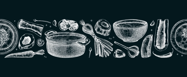 Healthy food background. Marrow bone broth border. Hot soup on plates, pans, bowls, organ meat, vegetables, marrow bones sketches. Hand drawn vector illustrations. Homemade food seamless pattern